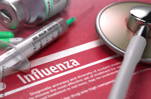 Influenza - Medical Concept on Red Background with Blurred Text and Composition of Pills, Syringe and Stethoscope. 3D Render.