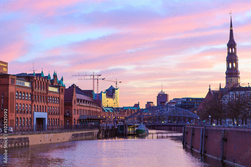 Fototapeta premium Sunset in Hamburg, German city. Speicherstadt district