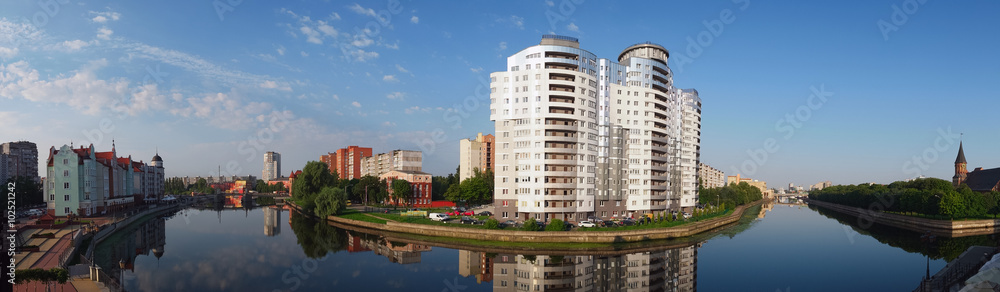 Panoramic view of the center of Kaliningrad and Pregolya River, Russia