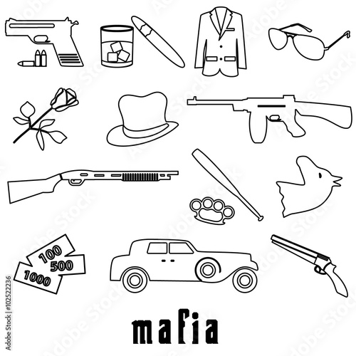 mafia criminal black outline symbols and icons set eps10