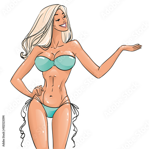 Beautiful sexy and athletic tanned blond woman in a swimsuit bikini, glamorous woman with a sweet smile is showing gesture open hand with an empty palm up, isolated vector without background
