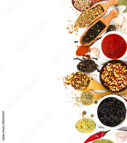 Fototapeta Naklejka Na Ścianę i Meble -  Fragrant seasonings and spices on white background