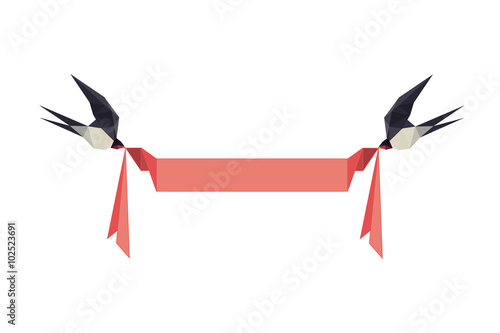 Illustration with origami swallows holding banner