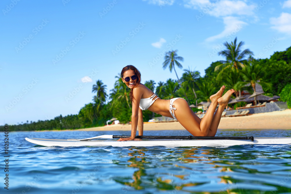 Summer Travel Vacation. Happy Woman Fun In Sea. Water Sports.