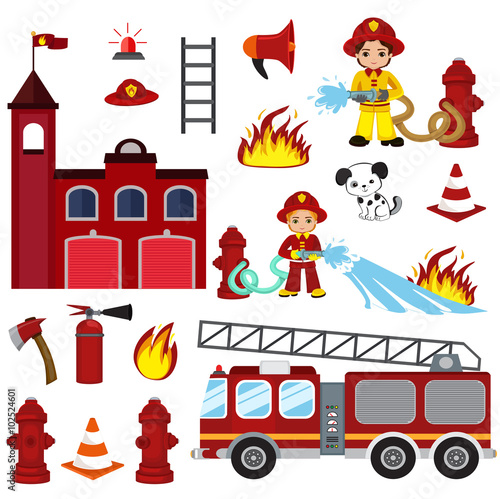 firefighting characters, hose, fire station, fire engine, fire alarm, extinguisher, axe, and hydrant.vector cartoon  illustration isolated on white background.