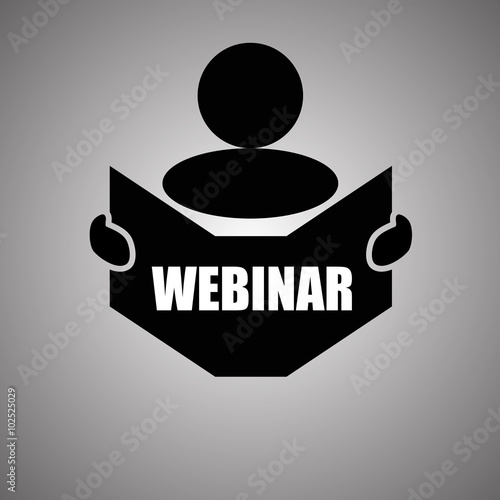 New concept of WEBINAR symbol : Book, Magazine, Ebook reader, student, teacher, tutor with hands symbol. Silhouette of a man holding a book with inscriptions. Vector illustration EPS 10
