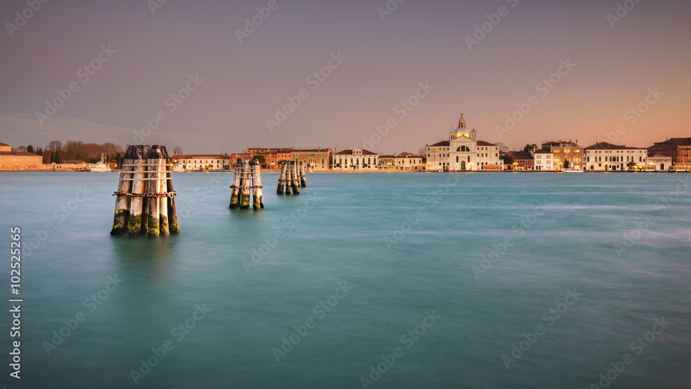 View of the island Guidecco at sunset. Venezia, Italy.