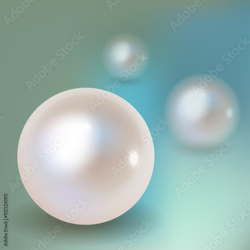 3 Pearls vector with shadow on a blue bokeh fog background.