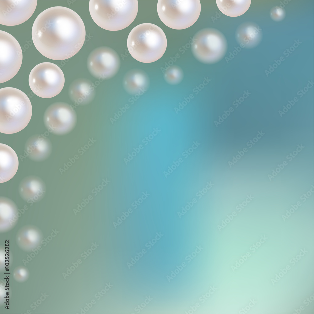 Pearls vector bokeh in the corner on a blue bokeh fog background. Pearls vector bokeh in the corner on a blue bokeh fog background.