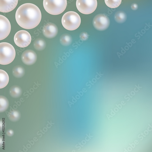 Pearls vector bokeh in the corner on a blue bokeh fog background.