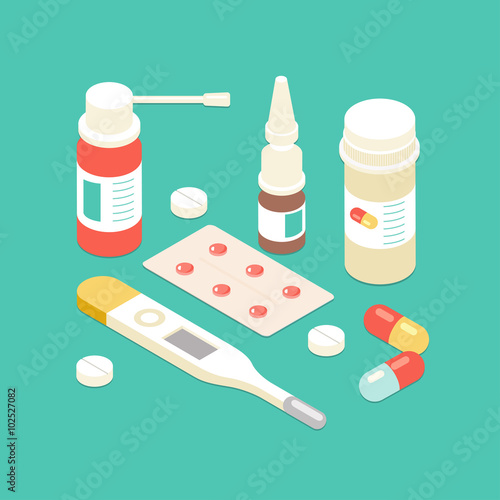 Flat 3d isometric Pills and bottles set. Medicine pills vector illustration.