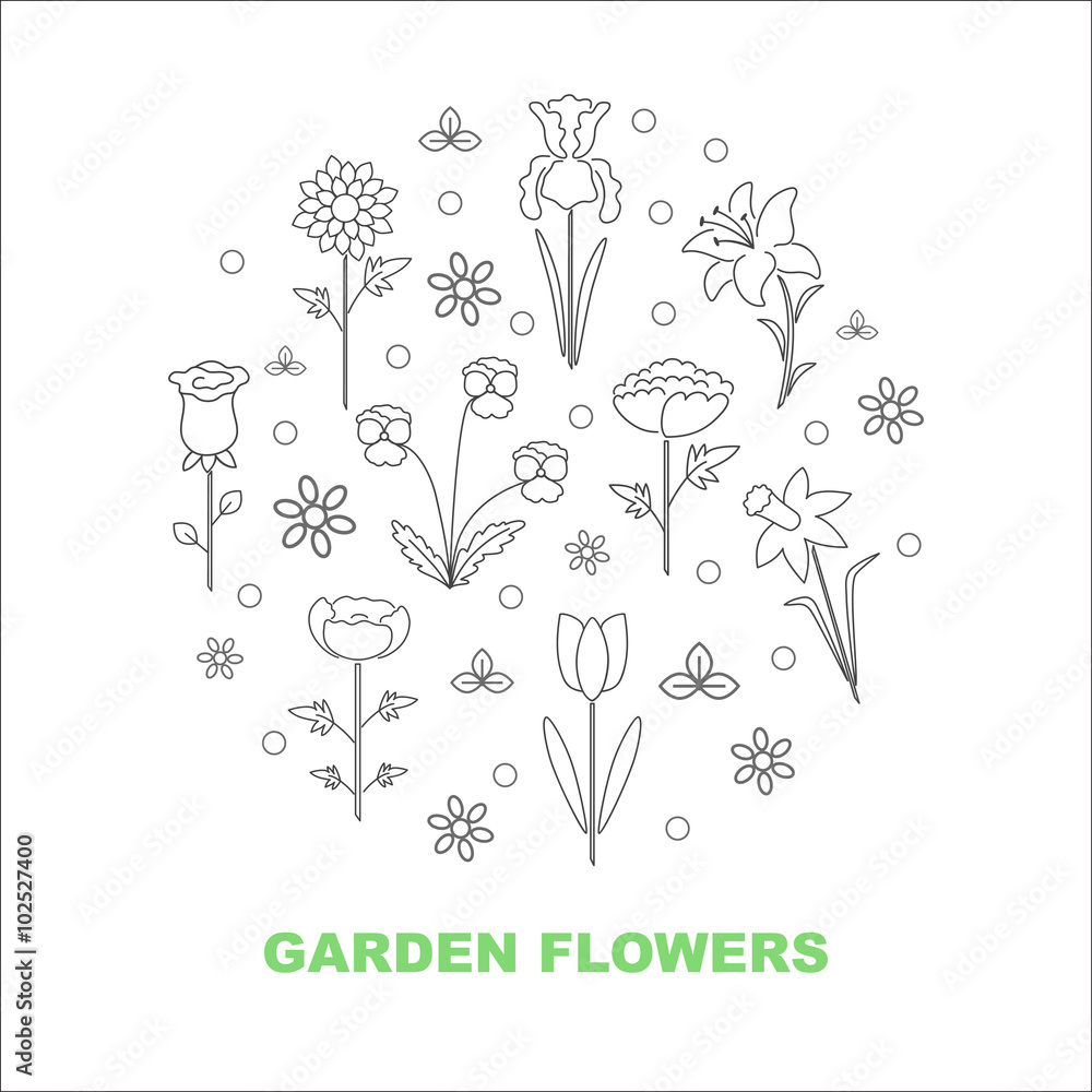 Modern vector line icons with different kind of garden flowers. Logo, badge, sign, label