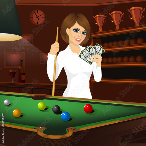 beautiful business woman holding cue stick and fan of money
