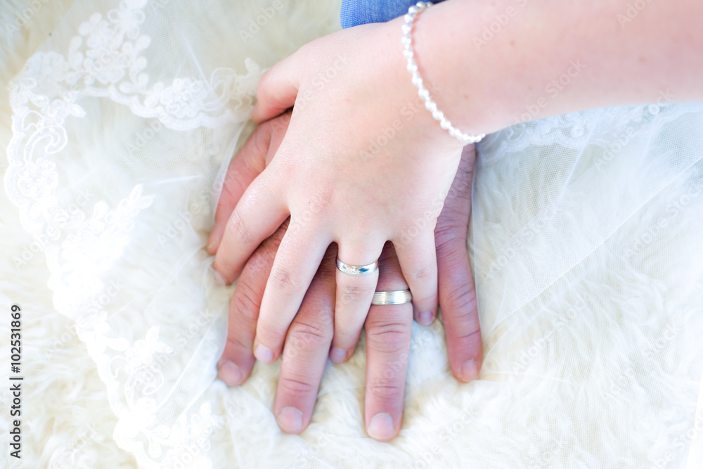 The hands of a wedding couple with wedding rings The hands of a wedding couple with wedding rings