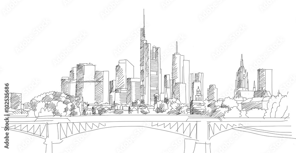 Frankfurt am Main downtown outline Skyscraper with Bridge Frankfurt am Main downtown outline Skyscraper with Bridge