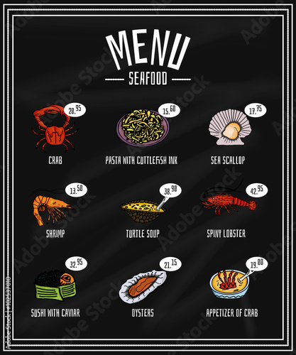 Colorful menu of seafood and delicacies on the blackboard