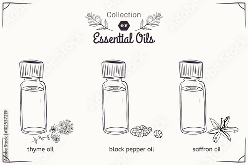 A set of essential oils in black and white style: thyme, black pepper, saffron.