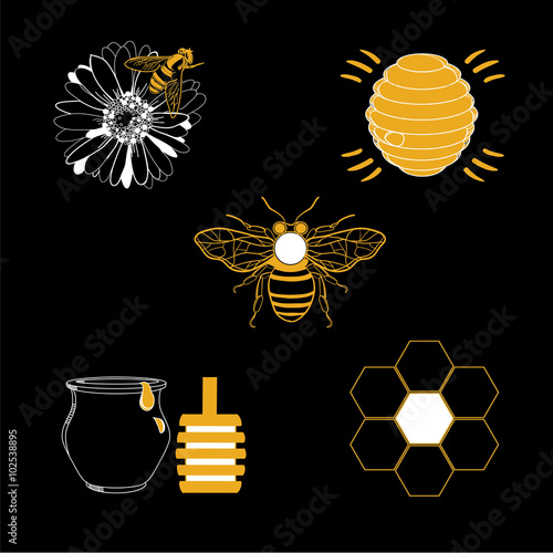 Honey icons set with beehive wax cell flying bee isolated