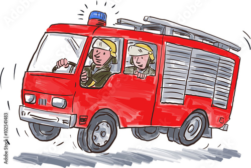 Red Fire Truck Fireman Caricature