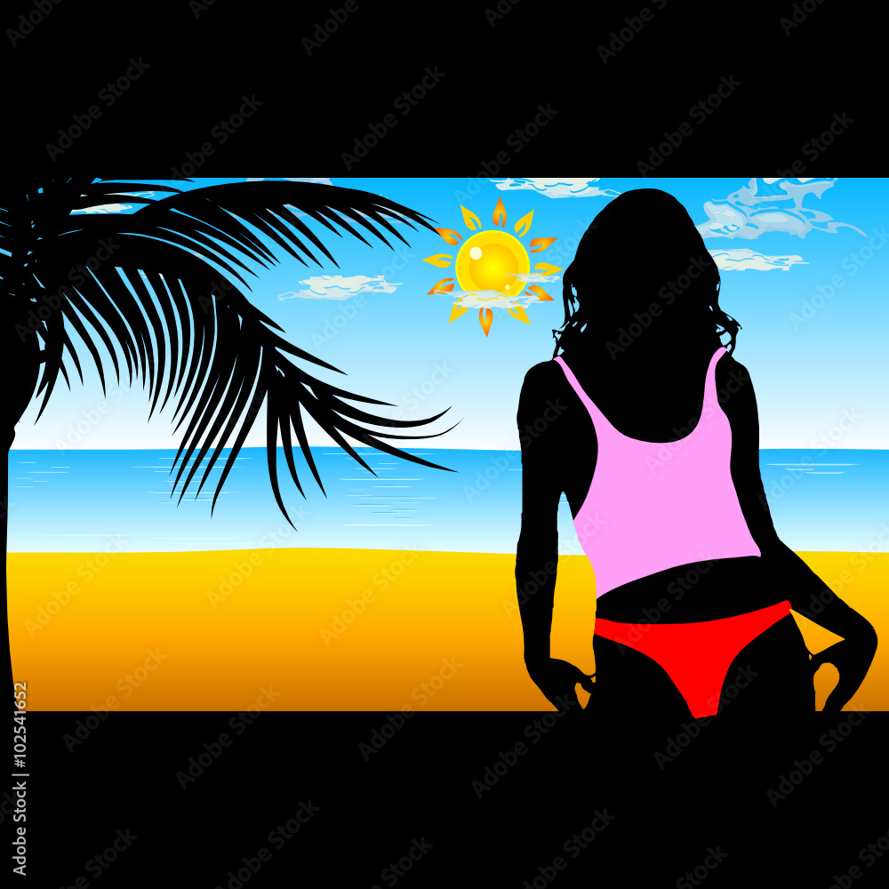 girl on the beach silhouette illustration