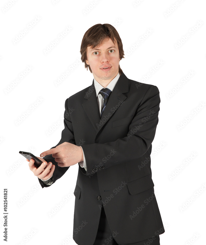 Portrait of a businessman with a phone, isolated on white background Portrait of a businessman with a phone, isolated on white background