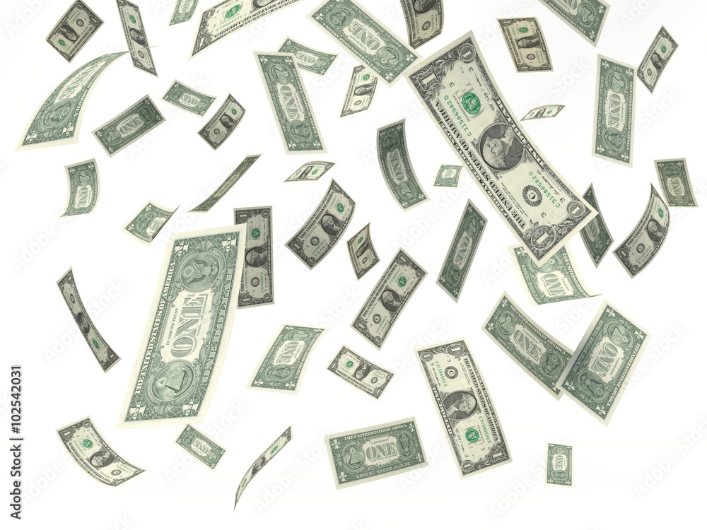 One American Dollar Bills Stacks Falling On A White Background Stock one-american-dollar-bills-stacks-falling-on-a-white-background-stock