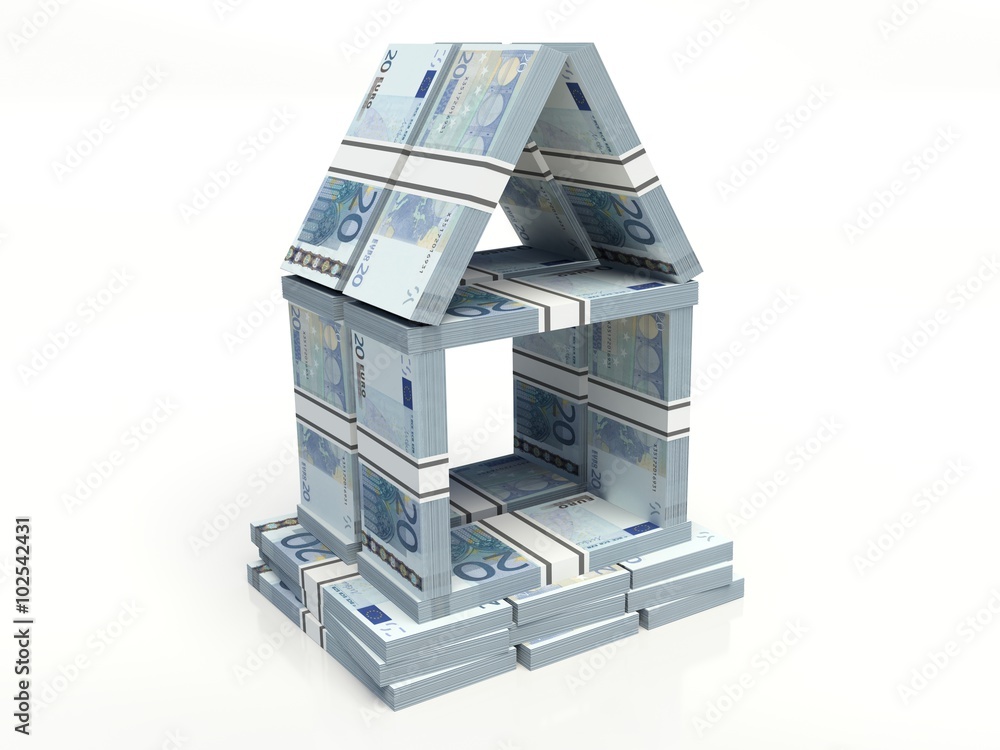 twenty euros banknote. house of cards, stacked notes on a white background twenty euros banknote. house of cards, stacked notes on a white background