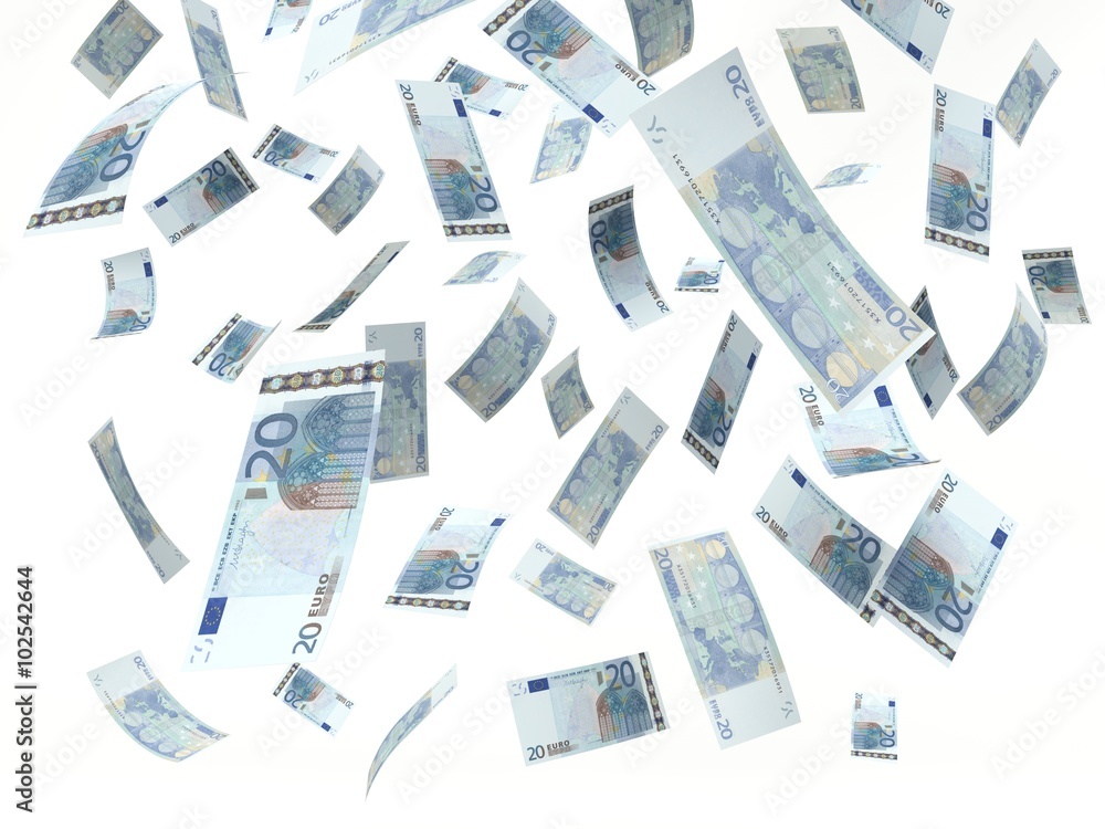 twenty euros banknote, Stacks falling on a white background. 3D illustration twenty euros banknote, Stacks falling on a white background. 3D illustration