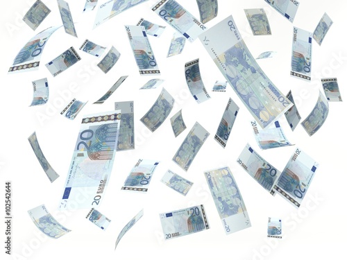twenty euros banknote, Stacks falling on a white background. 3D illustration