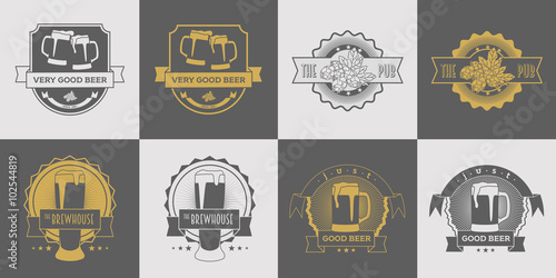 Set of pub, brewery, craft beer, brewhouse and beer labels, logos, badge and other design. Gray and gold vector illustration.
