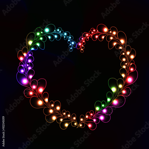 neon heart made from lot of shining point on leafs