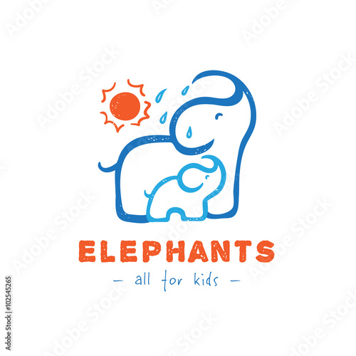 Vector cartoon elephant logo. Mother and baby elephants logotype