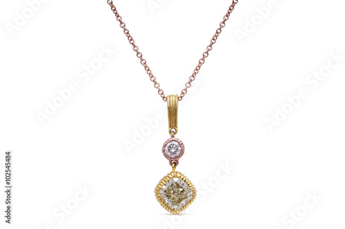 Gorgeous Yellow Cushion Cut Diamond and White Round Diamond Pendant in Rose and Yellow Gold