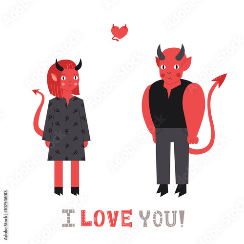 Devil cute couple in love with heart vector illustration. I love you! greeting card.