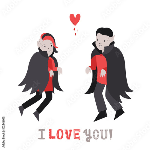 Vampire cute couple in love with heart vector illustration. I love you! greeting card. Part two.