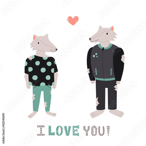 Werewolf cute couple in love with heart vector illustration. I love you! greeting card. 