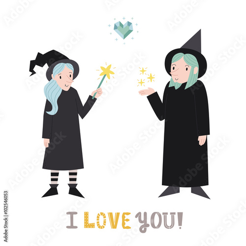 Witch and wizard cute couple in love with heart vector illustration. I love you! greeting card.