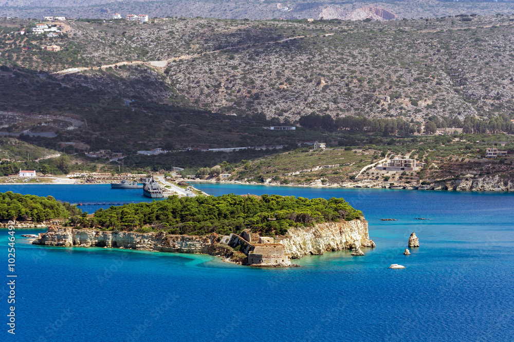 Sea bay with small island near Chania town at Crete island
