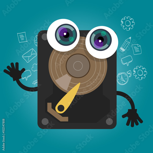 hard drive computer component database big data storage cartoon eyes mascot cute funny smile tech object vector