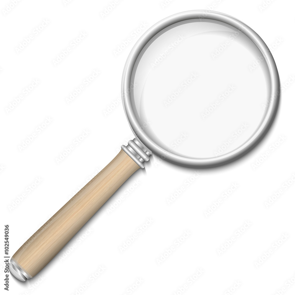 Magnifying glass, retro magnifier with wooden handle isolated on white background Magnifying glass, retro magnifier with wooden handle isolated on white background
