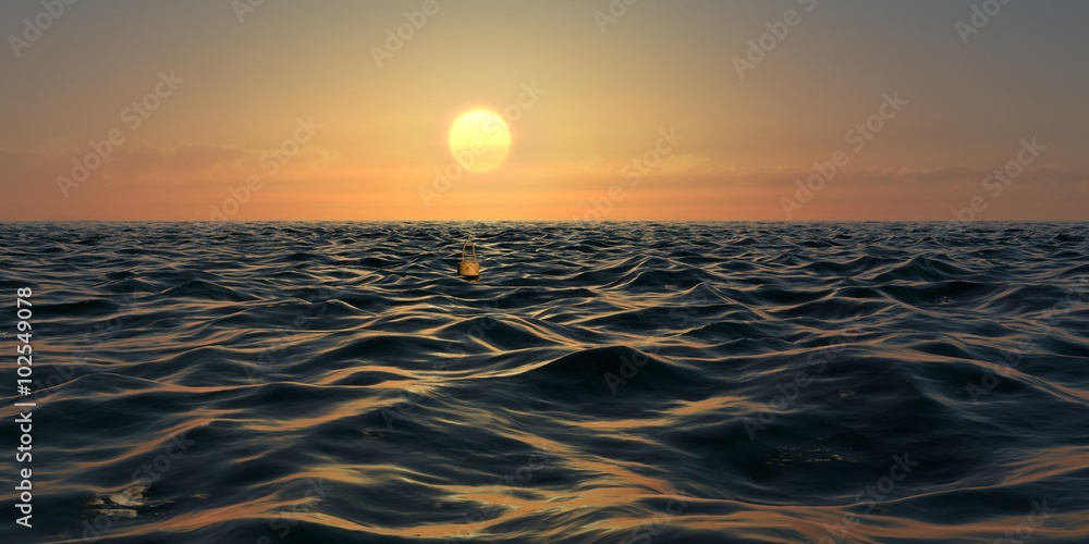 Yellow Sunrise or Sunset Panorama Over Ocean Waves