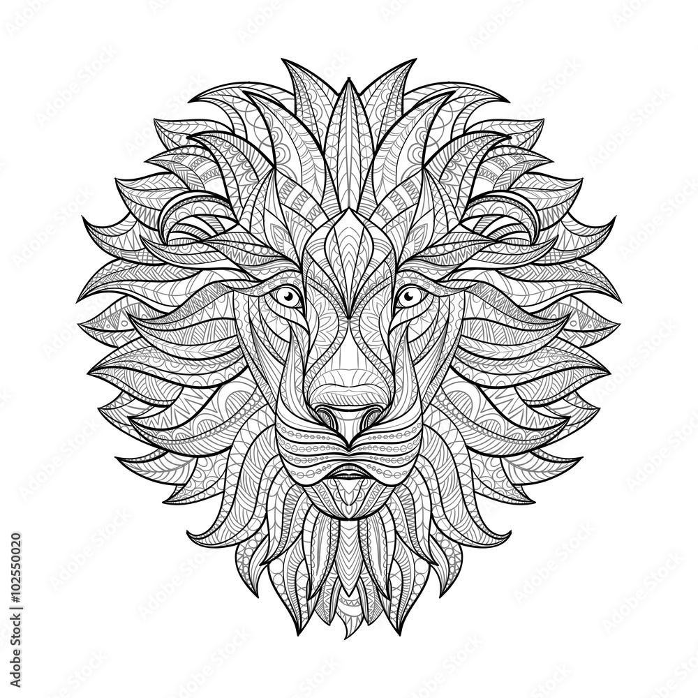 Detailed Lion in aztec style. Patterned head of the lion on isolated background. African indian totem tattoo design. Vector illustration. Eps10. Stock Vector
