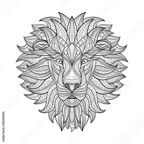 Detailed Lion in aztec style. Patterned head of the lion on isolated background. African indian totem tattoo design. Vector illustration. Eps10.
