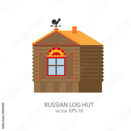 Cartoon flat house icon. Russian log hut