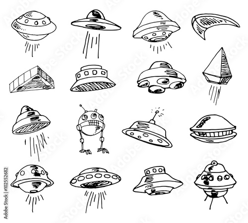 Set of UFOs. Drawing sketch. Vector illustration. 
