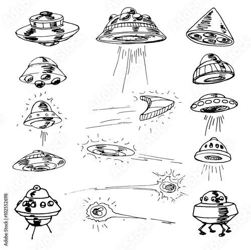 Set of UFOs. Drawing sketch. Vector illustration. 