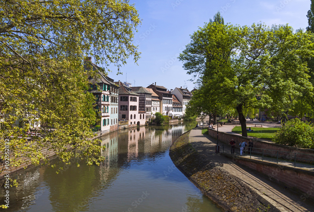 Water canal in Petite France area in Strasbourg city, France