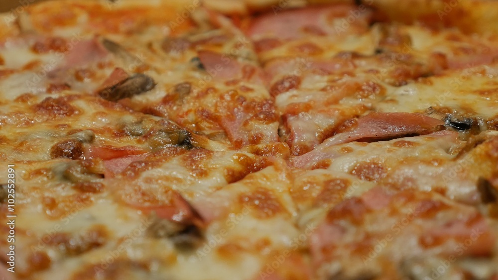 Melted cheese bacon and chamignons spreaded on tasty baked pizza surface 4K 2160p 30fps UHD panning video - Slow pan over fresh Italian pizza texture 4K 3840X2160 UltraHD footage Melted cheese bacon and chamignons spreaded on tasty baked pizza surface 4K 2160p 30fps UHD panning video - Slow pan over fresh Italian pizza texture 4K 3840X2160 UltraHD footage