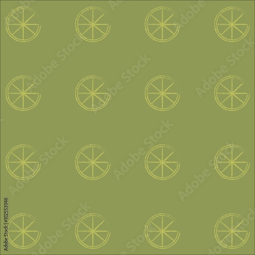 Seamless texture, background. Yellow slices of lemon on a green background, contours