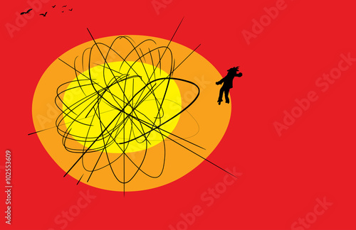 Floating body and flying birds near explosion